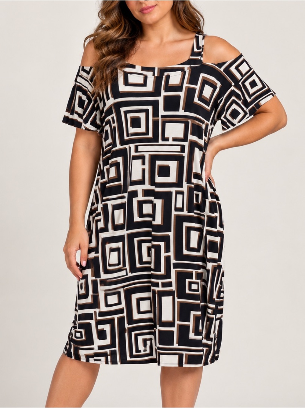 Chico's Black and Cream Geometric Cold-Shoulder Midi Dress